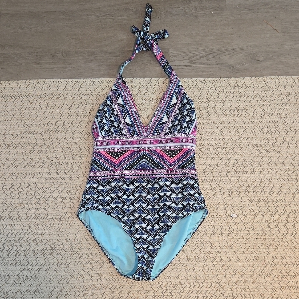 Womens Liz Claiborne Swim Halter One-Piece Swimsuit - Pink and Blue